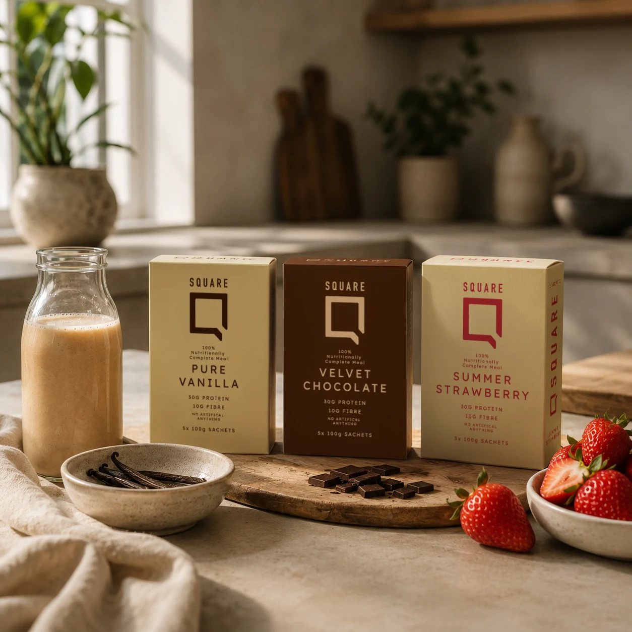 Square Nutrition vanilla, chocolate and strawberry packaging on a kitchen counter with ingredients.